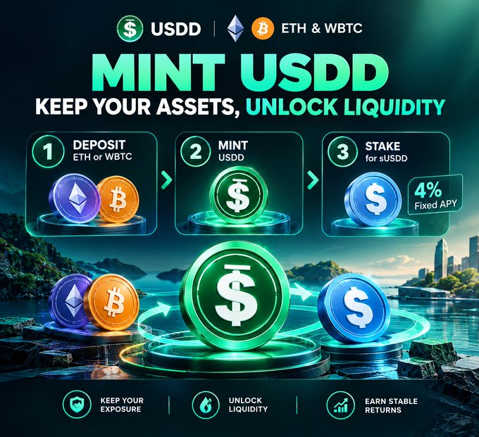 A cryptocurrency promotional graphic reads 'MINT USDD KEEP YOUR ASSETS, UNLOCK LIQUIDITY' and illustrates a 3-step process: '1 DEPOSIT ETH or WBTC', '2 MINT USDD', and '3 STAKE for sUSDD 4% Fixed APY'.