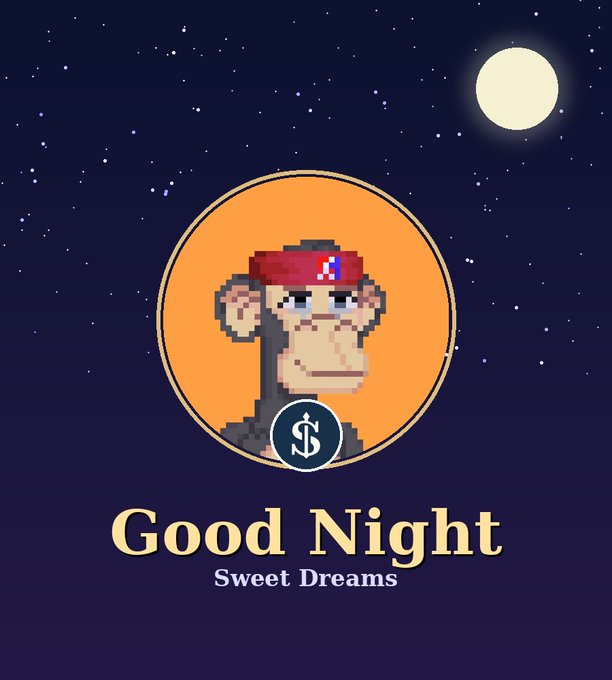 A 'Good Night Sweet Dreams' graphic featuring a pixel-art monkey wearing a red headband in an orange circle, set against a starry night sky with a moon.
