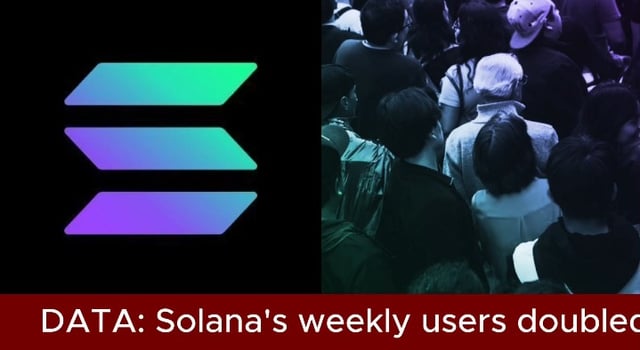 A graphic featuring the Solana logo on the left and a crowd photo on the right, with the partial caption 'DATA: Solana's weekly users doubled'.