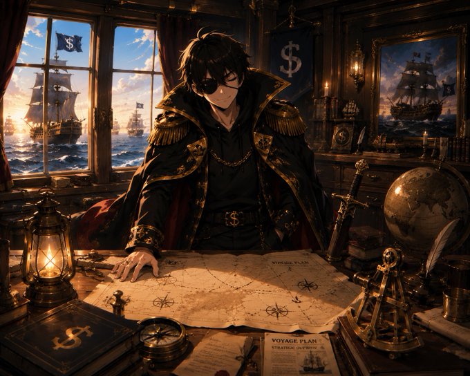An anime-style illustration of a pirate captain with an eyepatch in an ornate cabin, planning a voyage with a map, globe, and sailing ships visible through the window.
