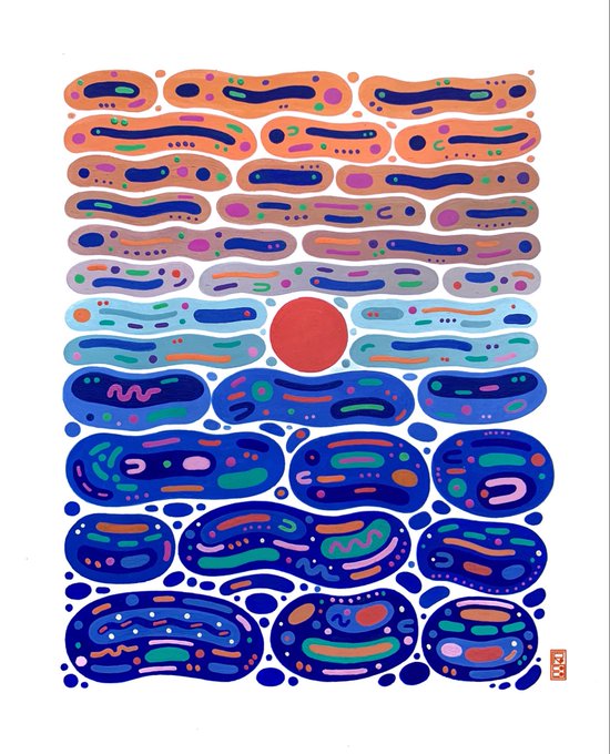 The image features a vibrant abstract art piece with a large red circle surrounded by smaller circles, creating an impressionistic style reminiscent of the sun setting over water. The artwork is displayed against a white background, which highlights its colors and shapes. The post also includes text that reads "gm + SOLD ——————————————————— One copy of Before Dark •••••• Collected by @terrylknox".