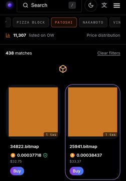 A screenshot of a digital marketplace interface showing two orange bitmap NFT items for sale, priced at 0.00037718 and 0.00038437.