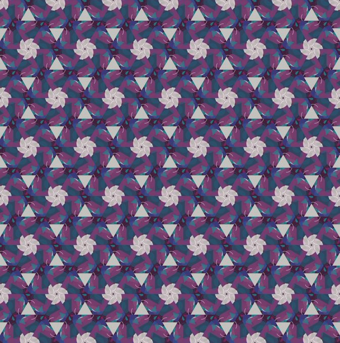 A repeating geometric pattern in purple, blue, and white featuring floral and triangular motifs.