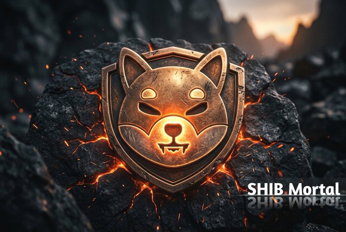 A glowing golden Shiba Inu dog emblem on a shield embedded in cracked volcanic rock with lava, branded 'SHIB Mortal'.