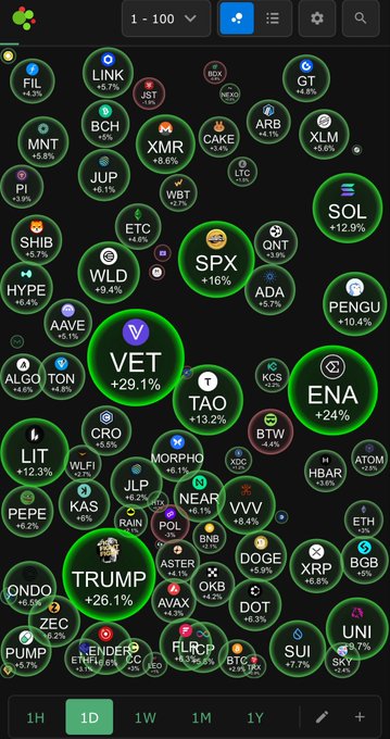A cryptocurrency market visualization displays numerous token bubbles with their ticker symbols and percentage gains over a 1-day period, with VET (VeChain) highlighted prominently in a large green bubble showing +29.1%, confirming it as the top gainer of the day. Other notable performers visible include TRUMP (+26.1%), ENA (+24%), and SOL (+12.9%), all rendered in ascending green bubbles against a dark background.