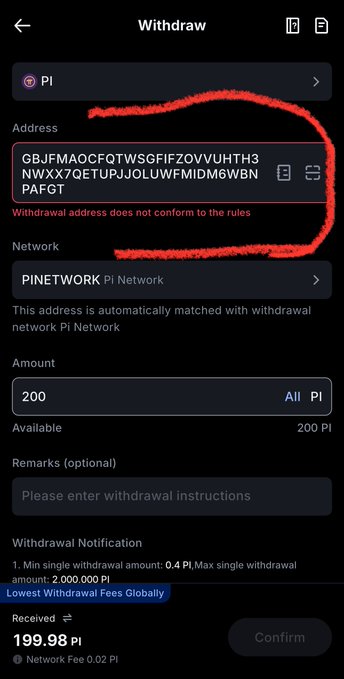 A screenshot of a Pi Network withdrawal page showing an error message "Withdrawal address does not conform to the rules" for a PI address (GBJFMAOCFQTW SGFIFZOVVUHT3 NWXX7QETUPJJOLUWFMDM6WBN PAFGT), despite passing KYC and having 200 PI available. This illustrates the user's complaint that their second wallet is stuck as unverified, preventing deposits/withdrawals even though they have completed identity verification.