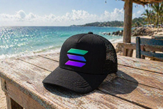A black trucker hat featuring the Solana logo rests on a weathered wooden table at a beachside setting, evoking a relaxing weekend vibe. The laid-back tropical backdrop complements the casual post asking about weekend plans, suggesting a perfect escape with some SOL style.
