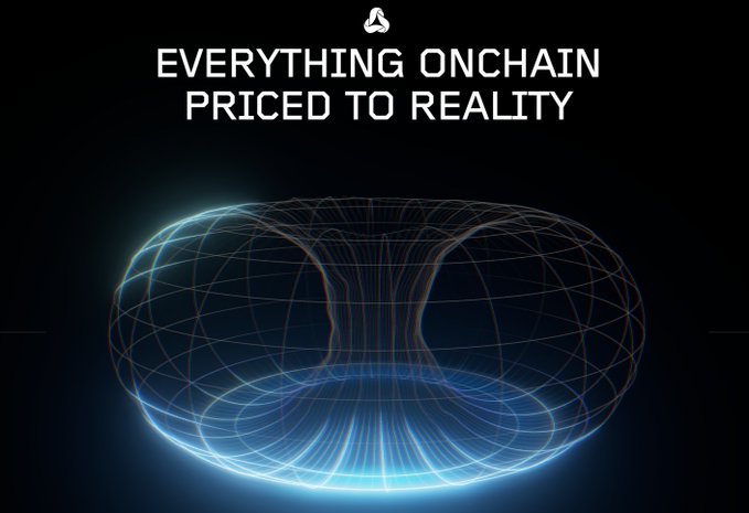 The image displays the text "EVERYTHING ONCHAIN PRICED TO REALITY" above a glowing, wireframe-style torus (doughnut shape) rendered in blue and orange against a black background, evoking a futuristic, blockchain-themed aesthetic. This visual reinforces the post's message about Metric, an onchain aggregator protocol, by symbolizing the interconnected and transparent nature of its EVM-chain trading activity exceeding $7.5 billion.