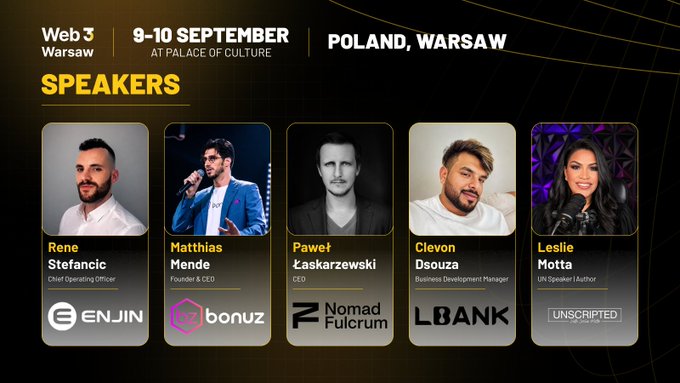 The image features a poster for an event where five speakers are listed, including names such as "renestefancic", "MendeMatthias", "PawelSynapse", "LeslieM0tta", and "enjin". The poster also includes the dates of September 9-10 and Poland. Warsaw.
