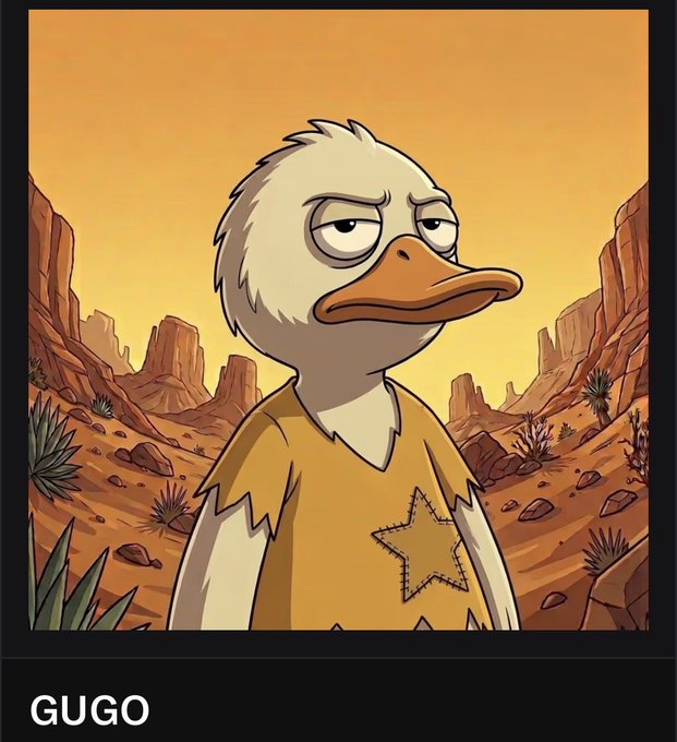 An illustration depicts a tired-looking duck character wearing a tattered yellow shirt with a star design, set against a desert landscape; the text "GUGO" appears at the bottom.