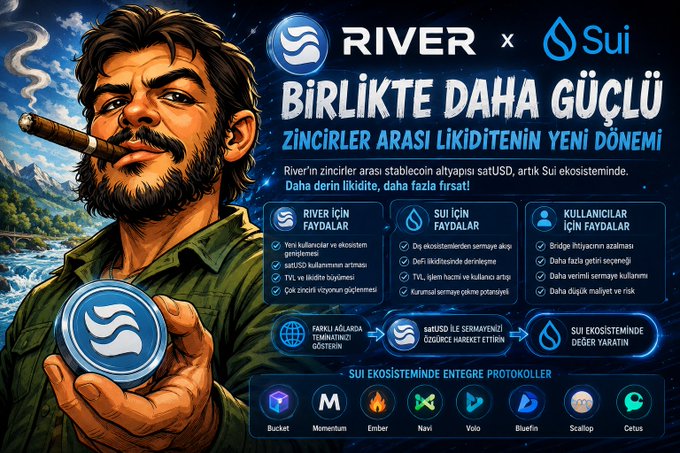 The image features a cartoon depiction of a man holding a blue coin with a silver logo on top. The caption below the image reads "Why is the River x Sui Partnership So Important? @RiverdotInc & @River4fun". This suggests that the image might be promoting or discussing the partnership between the River and Sui companies, possibly highlighting their collaboration in some way.