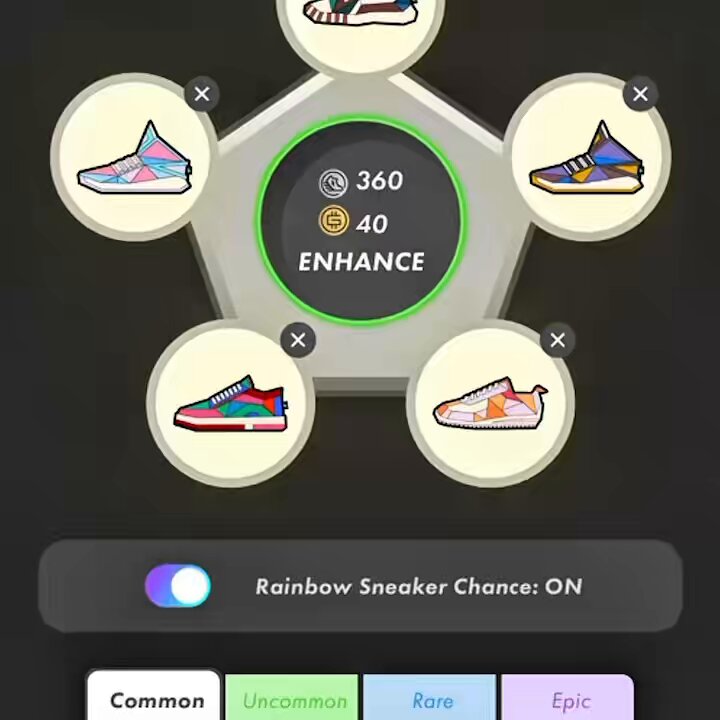 The image shows an advertisement for sneakers, with five different styles of shoes displayed around a circle. The text "Common" is present at the bottom left corner of the image. This suggests that the sneakers are available for purchase by anyone who wants them.