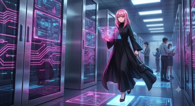 An anime-style illustration of a pink-haired woman in a long black coat walking through a futuristic server room with glowing pink and purple lights, holding a holographic display.