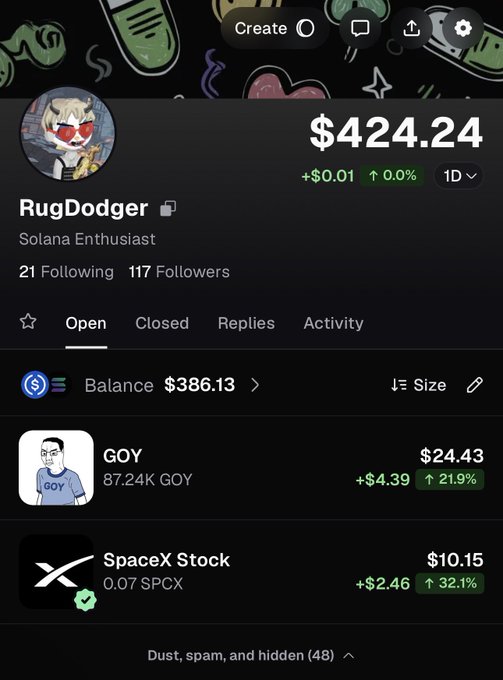 A mobile app interface showing a user profile 'RugDodger' (Solana Enthusiast) with a balance of $386.13, displaying holdings in GOY ($24.43, +21.9%) and SpaceX Stock ($10.15, +32.1%) under the ticker SPCX.