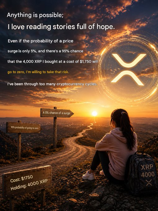 An inspirational image showing a person gazing at a sunset with an XRP logo glowing in the sky, accompanied by text about taking a 5% chance risk on 4,000 XRP purchased for $1,750.