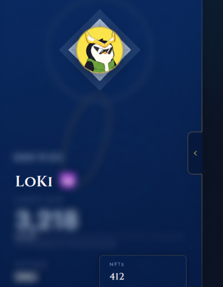 A digital profile card displays the name "LOKI" alongside a horned character avatar and a counter showing "NFTs: 412," matching the post's stated NFT collection size of 412 pieces.
