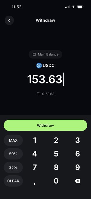 A mobile app's "Withdraw" screen shows a Main Balance of 153.63 USDC, with a custom keypad for entering amounts. The tweet references earning $150 in cashback with a Jupiter Exchange card, which aligns with withdrawing the USDC rewards shown in the app.