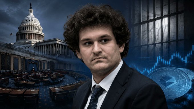 A composite image shows FTX founder Sam Bankman-Fried in a dark suit and tie at center, flanked by the U.S. Capitol building and Senate chamber on the left and prison bars overlaid with an Ethereum coin and a downward-trading stock chart on the right—visually reinforcing the post about bipartisan Senate opposition to any presidential pardon for the convicted crypto executive serving a 25-year sentence.