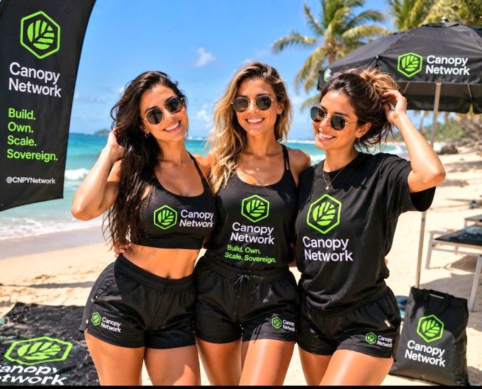Three women at a beach event wear black 'Canopy Network' branded athletic wear with the slogan 'Build. Own. Scale. Sovereign.' and the handle @CNPYNetwork.