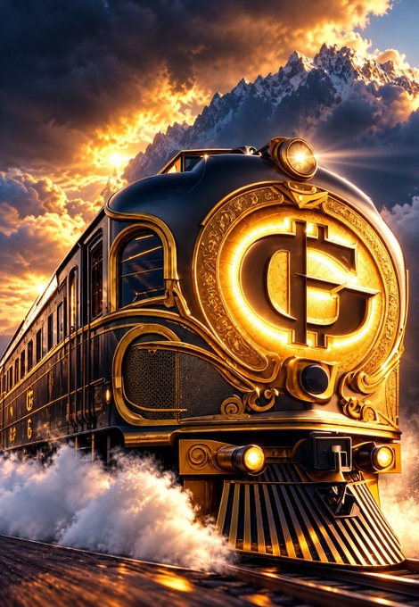 Digital artwork depicting a luxurious black and gold steam locomotive emblazoned with a glowing crypto symbol on its front, traveling through dramatic mountain scenery.