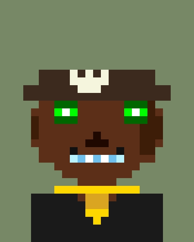 A pixel-art image shows a character wearing a dark wide-brimmed hat, green eyes, and black clothing against a muted green background. It appears to illustrate the post’s “First 44 EVM wallets + reposts🎁👀” giveaway or reward announcement.