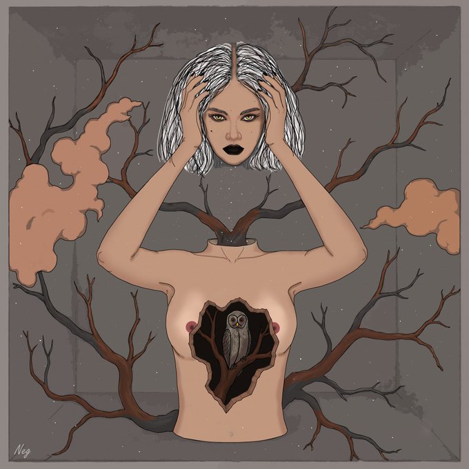A surreal digital illustration signed "Neg" depicts a woman with white hair and a detached head, with bare tree branches emerging from her neck and sides. An owl is perched inside a hollow opening in her chest, reflecting the "owl girl" mentioned in the post.
