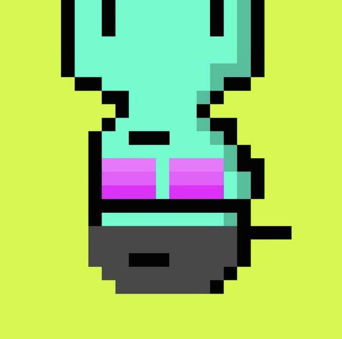 A pixel art image shows an upside-down character with a teal body, pink shorts, and grey shoes against a bright green background.