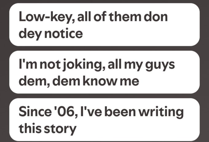 A meme with three text boxes reading: 'Low-key, all of them don dey notice', 'I'm not joking, all my guys dem, dem know me', and 'Since '06, I've been writing this story'.