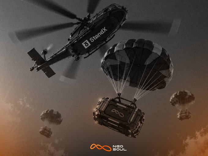A promotional image shows a StandX helicopter deploying parachutists carrying Neo Soul-branded crates, with additional drops in the cloudy sky. Visible text includes “StandX,” an infinity symbol, and “NEO SOUL,” visually framing the post’s claim about a disputed Neo Soul airdrop for StandX users.