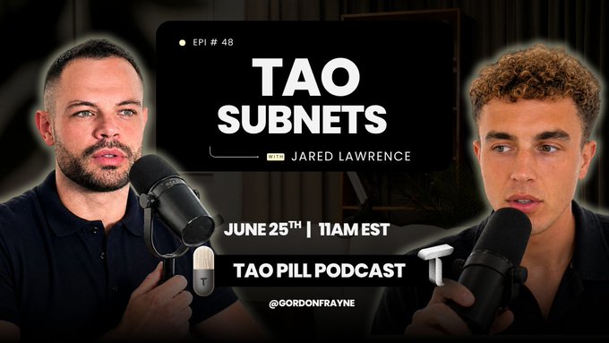 The image features two men holding microphones, with a caption that reads "Tao Subnets Episode 40" above them. The caption also includes the names of the hosts, "Jared Lawrence" and "Gordon Rayne", as well as the time of the podcast being broadcasted at 4PM UK time (likely in America).