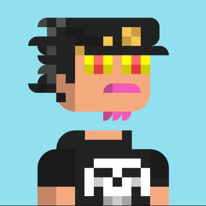 A pixel-art style character portrait showing a person with black hair, pixelated glasses in yellow and red, a pink mustache, and a black shirt with a white skull-like emblem against a light blue background.