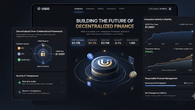 A sleek USDD dashboard displays "Building the Future of Decentralized Finance" with key metrics including a $3.15B USDD Total Supply, 197.2% Collateral Ratio, $3.15B Minting Cap, 6.4% Staking APY, and 1.4M Users, alongside charts showing a $1.0001 price trend and steady transaction volume growth—visually reinforcing USDD's emphasis on stability and responsible financial management in DeFi.