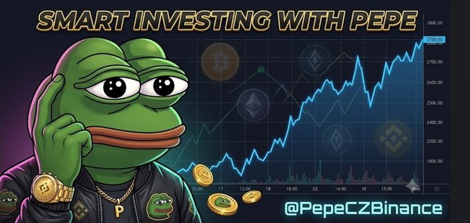 A promotional graphic titled 'SMART INVESTING WITH PEPE' by @PepeCZBinance, featuring the Pepe the Frog character wearing a gold watch and chain, alongside an upward-trending crypto price chart.