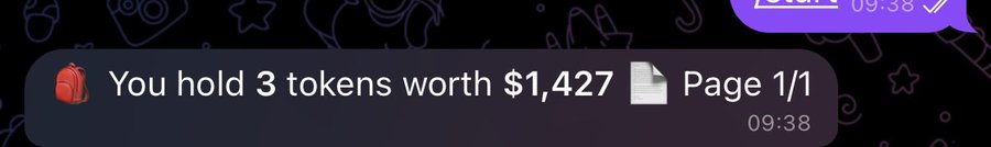 Telegram message notification showing 'You hold 3 tokens worth $1,427' with a backpack emoji and 'Page 1/1' timestamped at 09:38.
