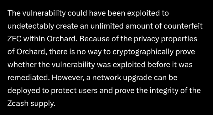 The image shows a black background with white text that reads "The vulnerability could have been exploited to...", followed by a list of reasons for the vulnerability. The text also mentions that anyone posting ZEC will be fine if they try to sell higher send it to zero.
