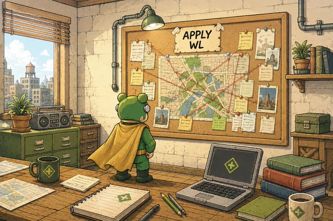 A green bear character in a yellow cape stands in a detective-style office, studying a corkboard map labeled "APPLY WL" with red string connecting various notes and photos. The scene, complete with a laptop, notebooks, and coffee mugs bearing the Robinhood Heroes logo, visually represents the investigative effort required to win one of 10 guaranteed giveaway spots in the NFT project.