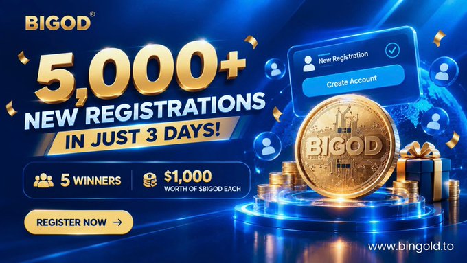 A promotional advertisement for 'BIGOD' (bingold.to) celebrating 5,000+ new registrations in just 3 days, featuring gold coins and a globe, with offers of 5 winners receiving $1,000 worth of $BIGOD each.