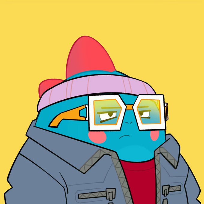 A blue, dinosaur-themed cartoon character wearing a pink beanie, geometric white-rimmed glasses, and a denim jacket looks on with a skeptical, unimpressed expression against a yellow background—matching the post's tone of cautious evaluation toward the Dino Gotchis ecosystem within the Sleepagotchi community.