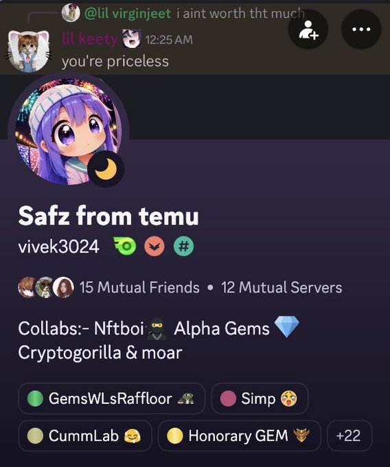A Discord profile screenshot for 'Safz from temu' with username 'vivek3024', showing 15 mutual friends, 12 mutual servers, and various roles like 'GemsWLsRaffloor', 'Simp', 'CummLab', and 'Honorary 💎'.