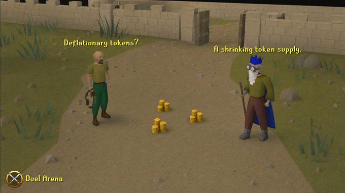 A scene from Old School RuneScape showing two characters discussing deflationary tokens and a shrinking token supply near piles of gold coins in the Duel Arena.