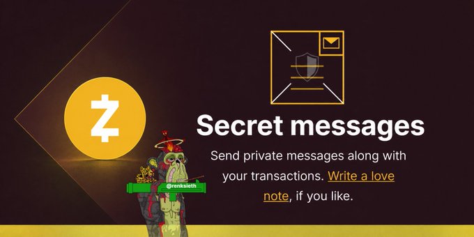 A Zcash promotional graphic advertising 'Secret messages' feature to send private messages along with transactions, featuring a zombie character with a red '@zanksmith' label.