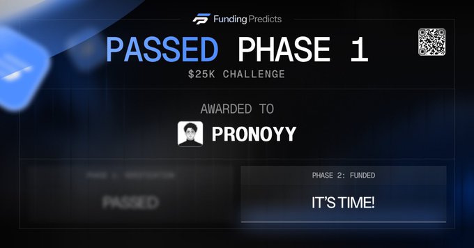 The image celebrates a $25K Phase 1 challenge pass from FundingPredicts awarded to user "PRONOYY," featuring a QR code and a call-to-action highlighting "PHASE 2: FUNDED" with the message "IT'S TIME!" This visual corresponds to the post announcing the user has passed Phase 1 of the FundingPredicts challenge.