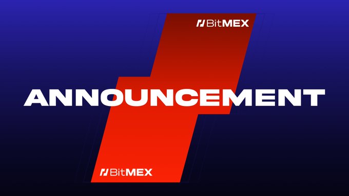 A BitMEX announcement banner featuring bold white "ANNOUNCEMENT" text over a dark blue and red background with the BitMEX logo displayed twice.