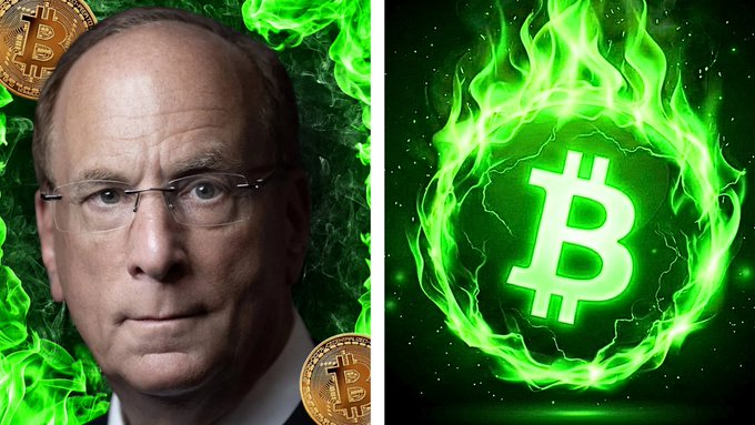 A split image showing a serious-looking man with glasses surrounded by green flames and Bitcoin coins on the left, and a glowing green Bitcoin logo encircled by flames on the right.