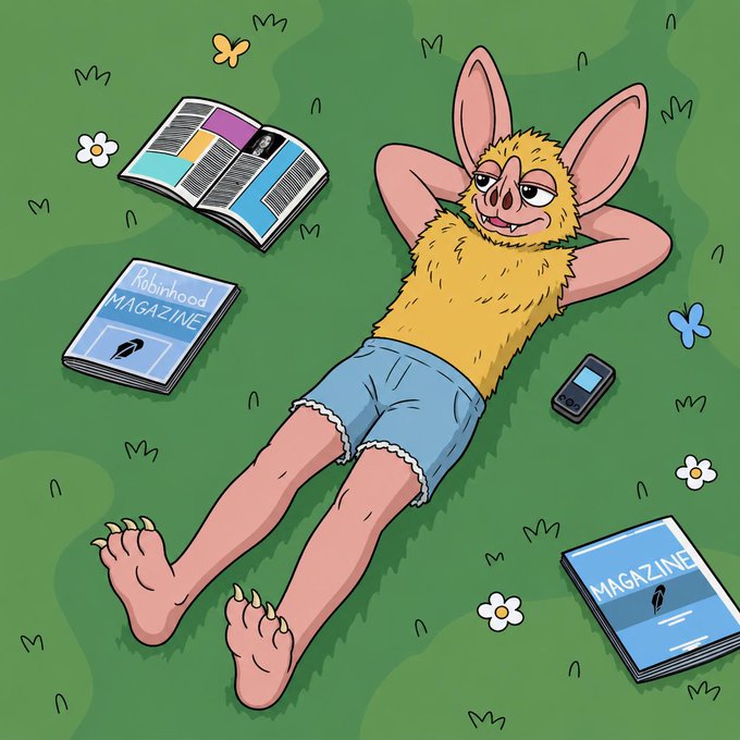 A cartoon illustration of a furry humanoid creature with large ears relaxing on grass in blue shorts, surrounded by 'Robinhood MAGAZINE' publications, a phone, and butterflies.
