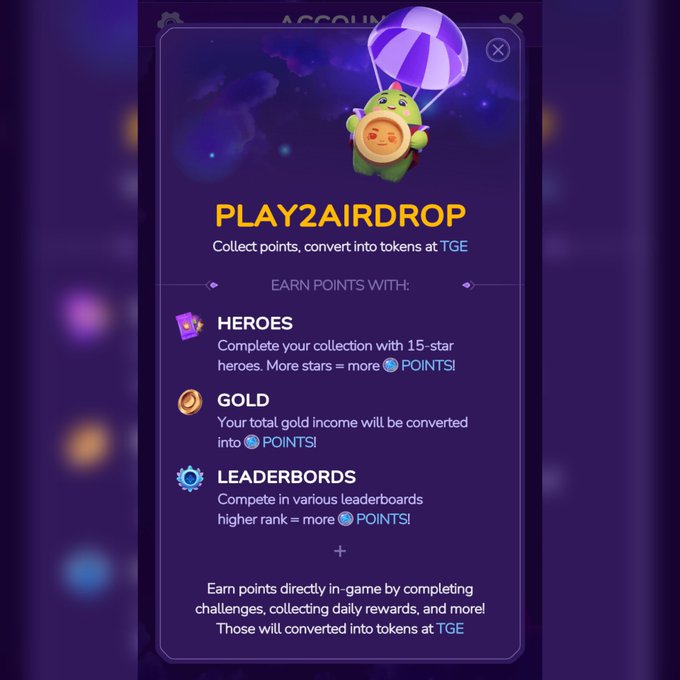 A mobile game interface displays a 'PLAY2AIRDROP' promotion featuring a green pig character with a purple parachute, explaining how to earn points through Heroes, Gold, and Leaderboards to convert into tokens at TGE.