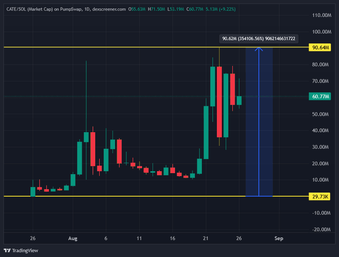 A TradingView candlestick chart for 'CATE/SOL (Market Cap) on PumpSwap' showing a 1-day timeframe with a dramatic price increase highlighted by a blue box, peaking at 90.64M (+354,106.56%).
