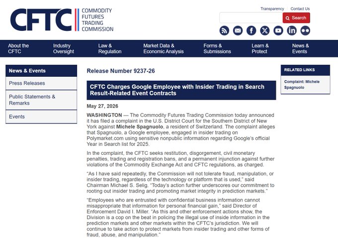 The image shows a webpage from the CFTC, which appears to be discussing charges against an employee for insider trading. The webpage contains text that reads "The Commodity Futures Trading Commission has charged the employee with Insider Trading". This information is relevant to the discussion about charges and actions taken by the CFTC in this case.

In addition to the main content, there are several other smaller texts scattered throughout the page, which may provide more context or details related to the charges against the employee. The webpage also includes a list of links that could be useful for further research on the topic at hand.