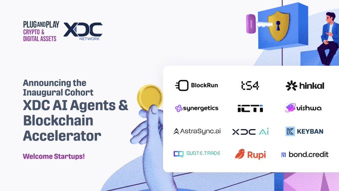 The image announces the inaugural cohort of the XDC AI Agents & Blockchain Accelerator by Plug and Play Crypto & Digital Assets and XDC Network, featuring 12 startups including BlockRun, t54, hinkal, synergetics, ICT, Vishwa, AstraSync.ai, XDC AI, KEYBAN, QUOTE.TRADE, Rupi, and bond.credit. This visually celebrates bond.credit's selection into the program, where it serves as the underwriting layer for autonomous agents.