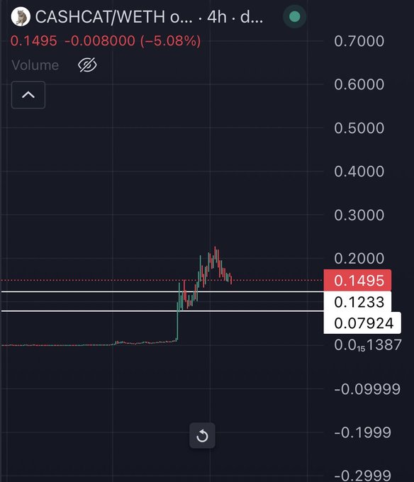 A 4-hour chart of the CASHCAT/WETH trading pair shows a recent -5.08% dip to 0.1495, with horizontal white lines marking a buy zone between 0.1233 and 0.07924—highlighting the discounted entry levels for those waiting to accumulate the token.